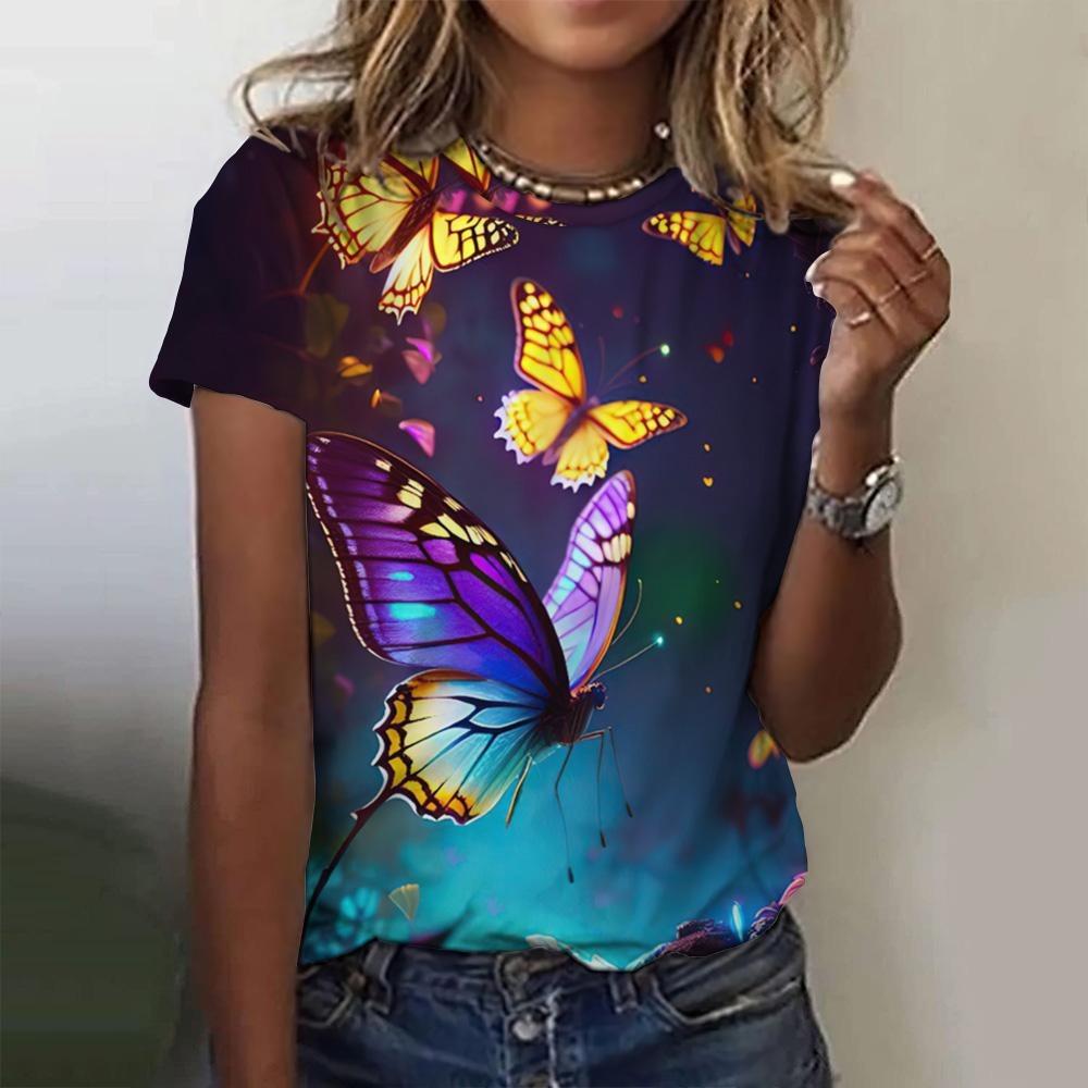 2025 Летняя модная блузка, женские футболки, футболка с 3D-бабочкой, повседневный топ с коротким рукавом, базовая женская одежда больших размеров