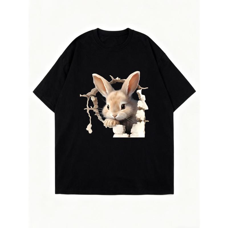 Футболка оверсайз с принтом черного кролика, пробивающего стену, повседневная одежда для женщин, летняя мода, уличный стиль, топ
