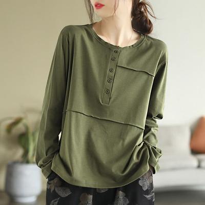 Женская мода винтажные однотонные пуговицы с длинным рукавом простые футболки весна осень простые повседневные свободные пуловеры с круглым вырезом