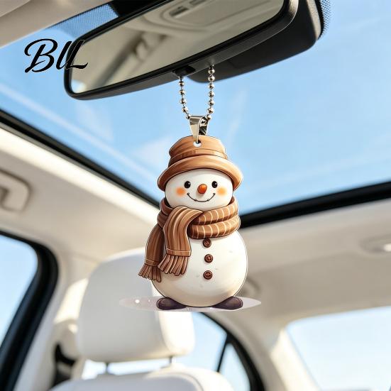 Indoor Holiday Home Ornament Cute Snowman Acrylic Pendant, 2D Flat Car Rearview Mirror Hanging Artistic Figurine Charm Decoration with Keychain Ring,