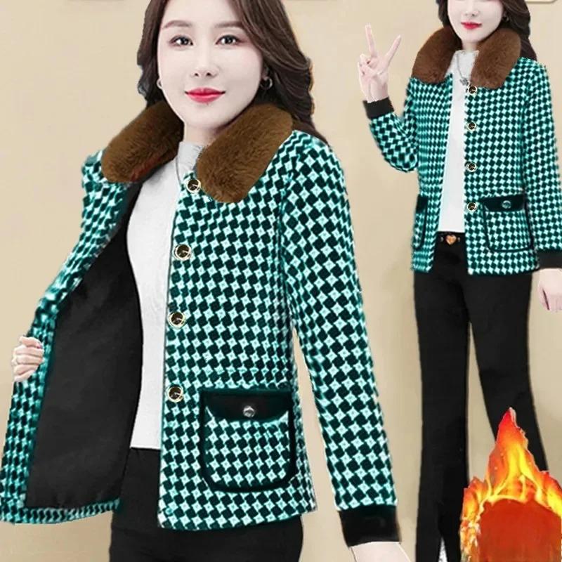 Warm Coat Women Autumn Winter New Plaid Jacket Mother Add Velvet Outwear High-End Fashion Fur Collar Detachable Overcoat Ladies