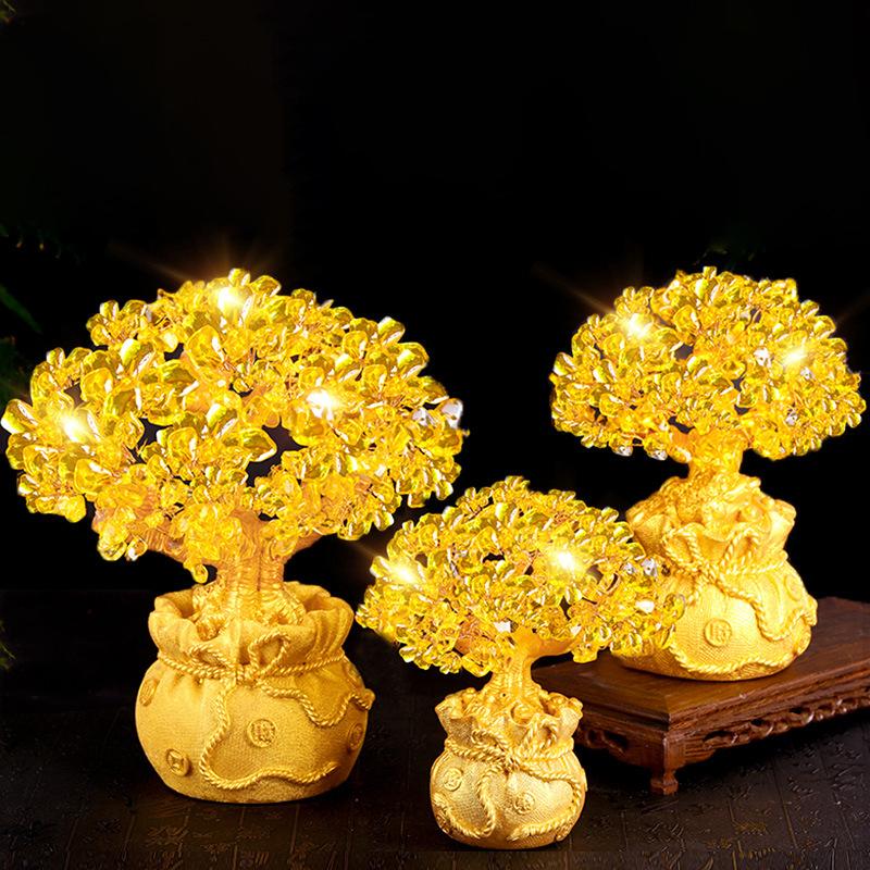 Золотое украшение в виде дерева удачи, желтое хрустальное денежное дерево, китайский фэн-шуй, украшение для дома и офиса, трясущееся дерево богатства, подарки на удачу