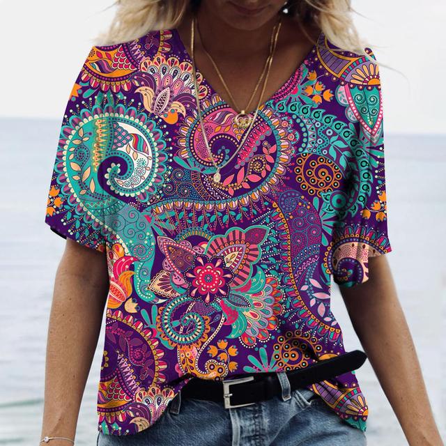 Винтажный топ с принтом, женская уличная одежда с короткими рукавами, летняя футболка, женская модная повседневная футболка с v-образным вырезом, женская одежда большого размера Y2k