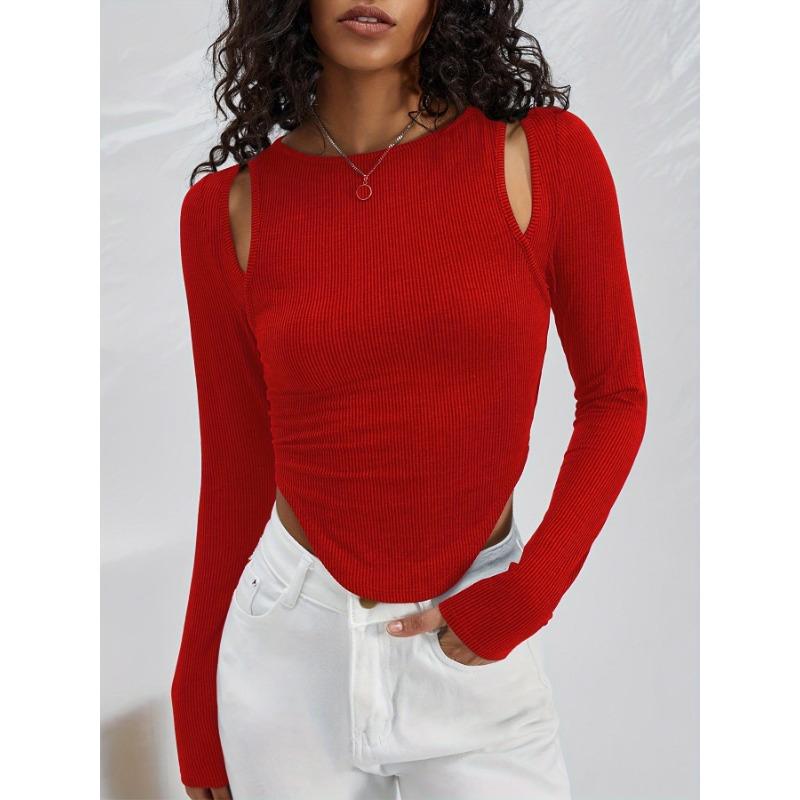 Весна и осень женский полый нерегулярный круглый вырез вязаный сексуальный модный топ с длинными рукавами