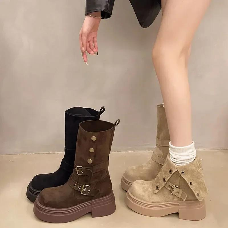 Women's Long Boots Fashion Platform Height Increasing Outdoor Knight Boots 2025 Spring Autumn New Retro Belt Buckle Women Shoes