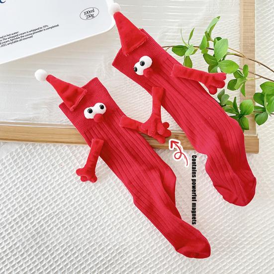 1 Pair Christmas Couple Socks Cartoon Shape Magnetic Hand-linking Festive Mid-tube Thick Warm Anti-slip