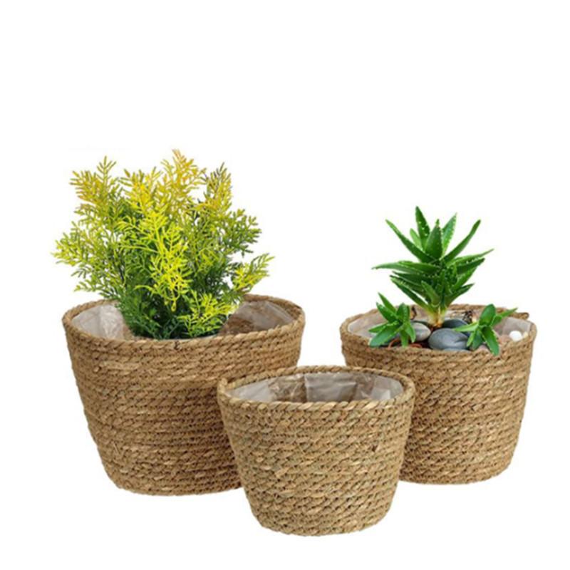 Nordic INS Straw Weaving Flower Plant Basket Grass Planter Indoor Outdoor Garden Pot Covert Container for Plantable Bonsai Decor