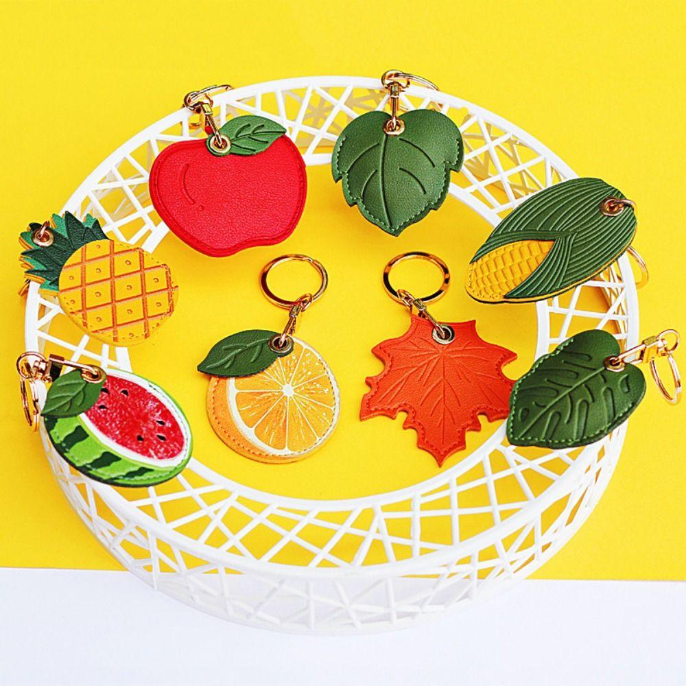 Protective Cartoon Key Holder Fruit Green Leaves PU Fruit Key Rings For Access Card
