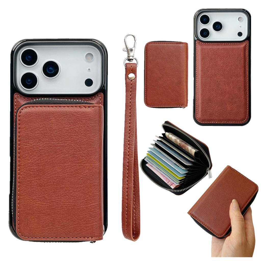 For iPhone 17 Pro Case Detachable Zipper Card Bag PU TPU Kickstand Phone Case with Strap