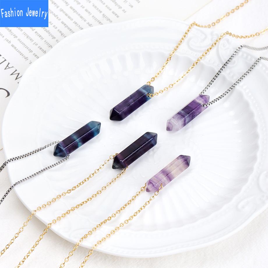 Natural crystal colorful fluorite double pointed column pendant necklace women's stainless steel clavicle chain