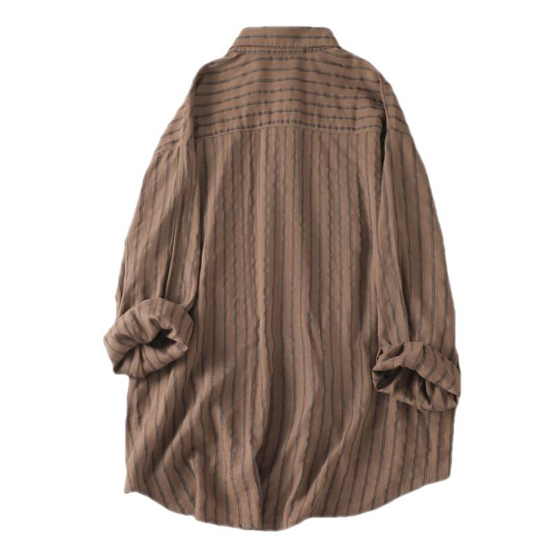 Винтажные блузки с полосатыми карманами, лоскутные, с длинным рукавом, рубашки весна-осень, повседневные, свободные, женские