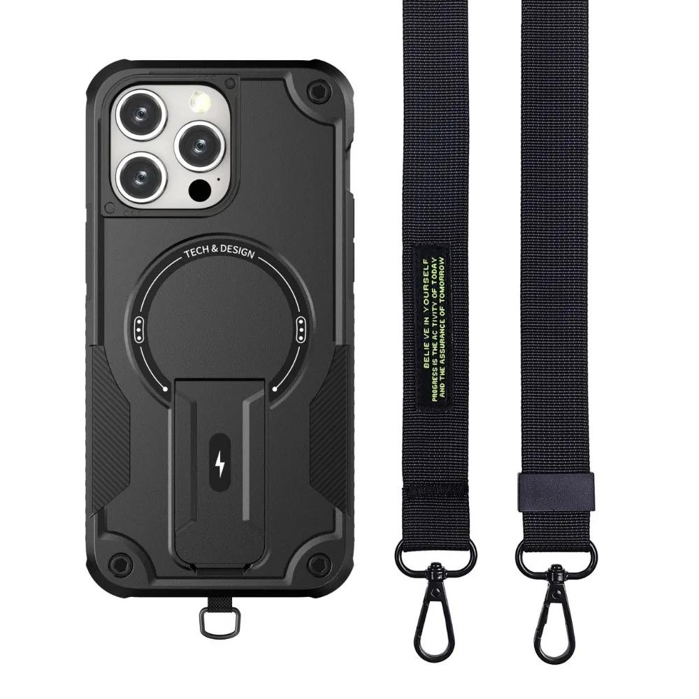 Crossbody Magnetic Holder Phone Case for IPhone 16 15 Plus 14 13 12 Pro Max Hard Shell Four Corner Anti Fall Protective Cover