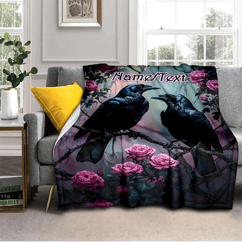 1PC Custom Name Ravens Roses Fantasy Art flannel blanket versatile,all-season throw suitable for the living room,bedroom,camping,travel,and gift