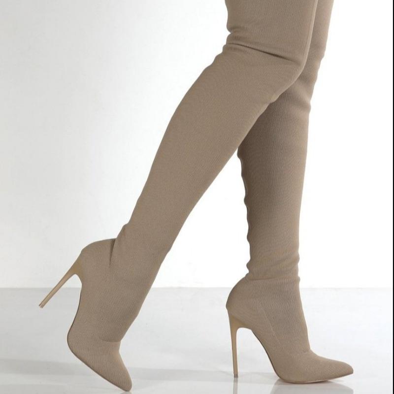 Sexy Pointed Toe Thin High-heeled Over-the-knee Knitted Boots for Women's Knitting Stretch Socks Boot Luxury Shoe Autumn Winter