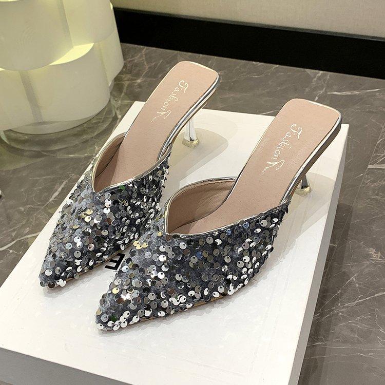 Sequins Fashion High Heels Women's Stilettos 2025 Spring and Summer New Bag Head Half Drag Women's Shoes Summer Wear Cool Slippers Women