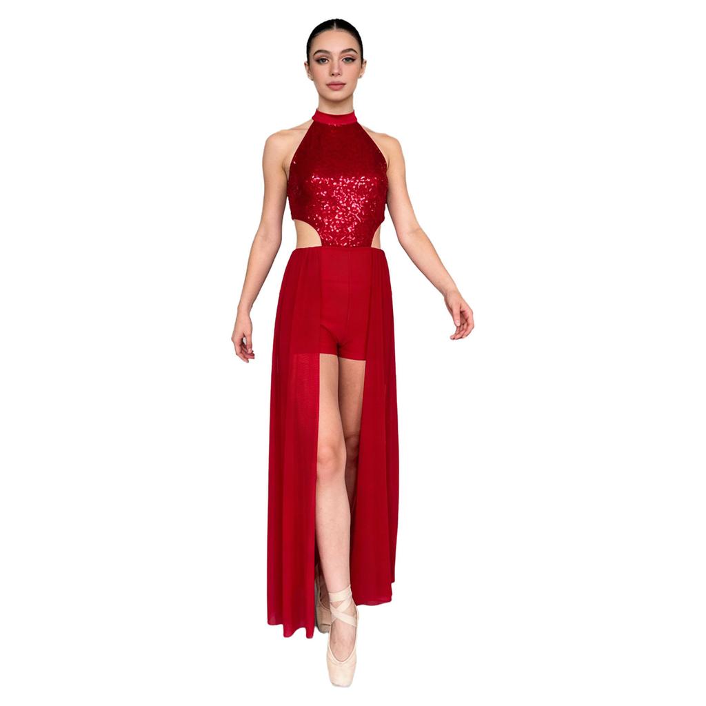 Womens Backless Bodysuit Dress Sequined Top Mesh Skirt Integrated Short Bottom Dance Wear