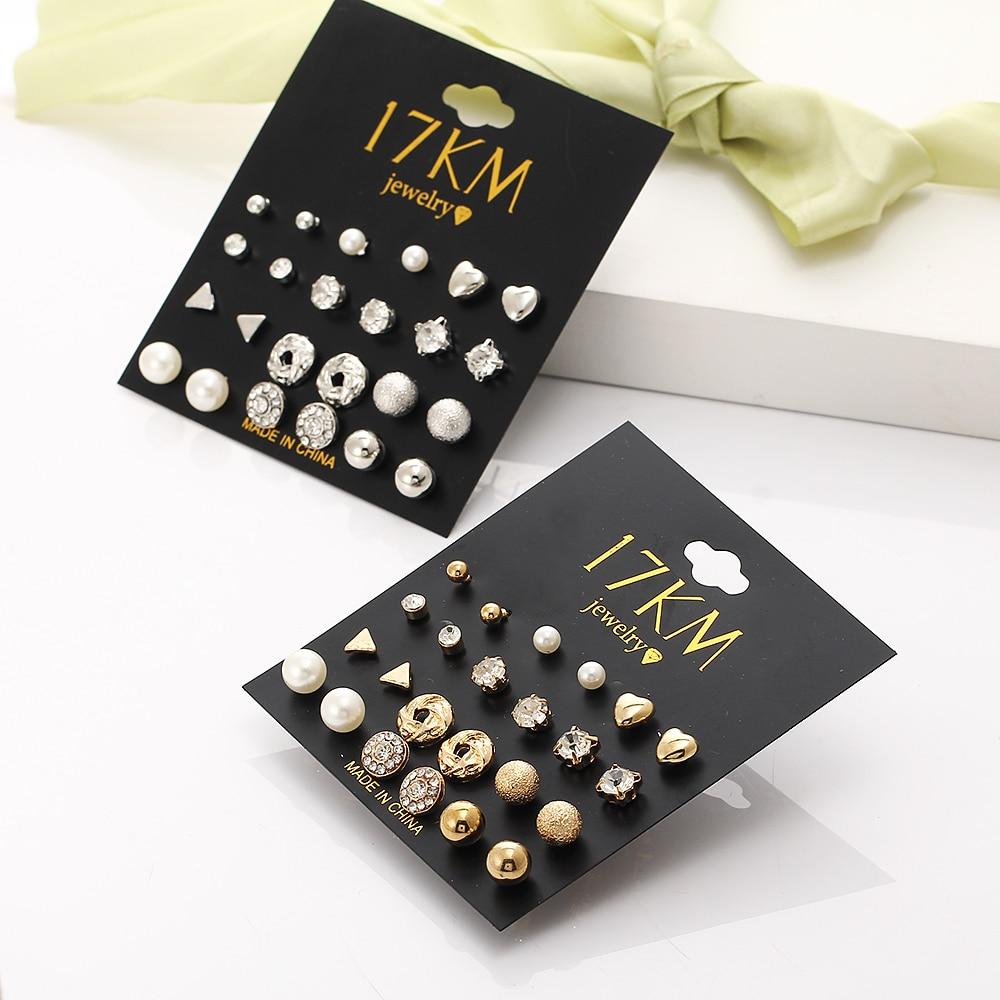 17KM Модные 12 пар/компл. модные стильные женские серьги-гвоздики с квадратным кристаллом в форме сердца для женщин, серьги-гвоздики с имитацией жемчуга и цветка