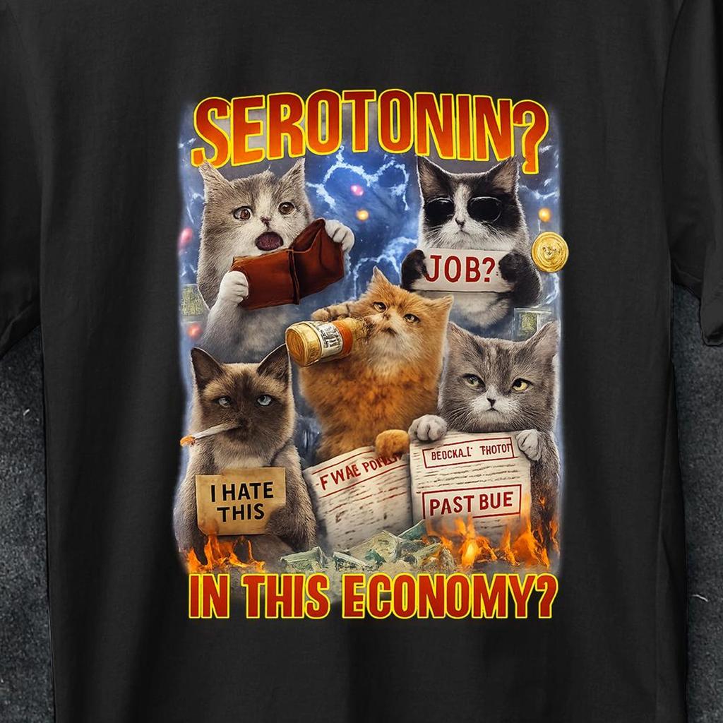 Serotonin? In This Economy Funny cat Meme Bootleg shirt, cats tee, Unhinged Shirt, Cursed T shirt, Inappropriate Shirt, Gen z Gift Shirt,