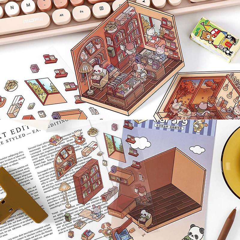 1 лист 3D Пейзаж Хижина Сумка Наклейки Наклейка для питомца Милый мультфильм Карманный DIY Сцена Ландшафтный Декор Наклейка