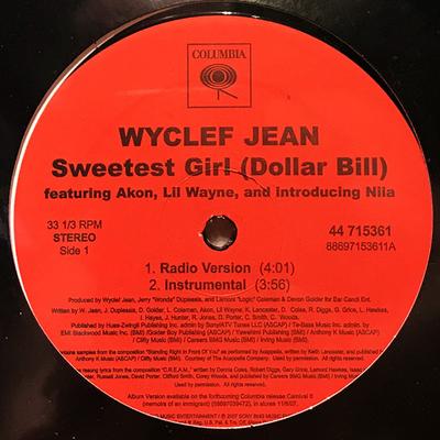 12-дюймовая пластинка WYCLEF JEAN, AKON, LIL WAYNE & INTR - Sweetest Girl (Долларовая купюра) 88697153611 Columbia 2007 США Рэп и Хип-хоп/R&B Б/у
