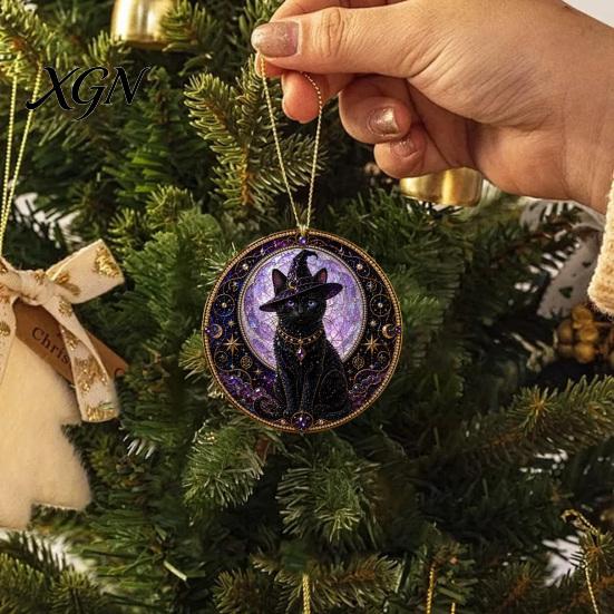 Precious Memory Commemorative Black Cat Pearl Diamond Art Painting Ornament, 2D Flat Acrylic Valentine Day Romantic Present Hanging Suncatcher, Beaded
