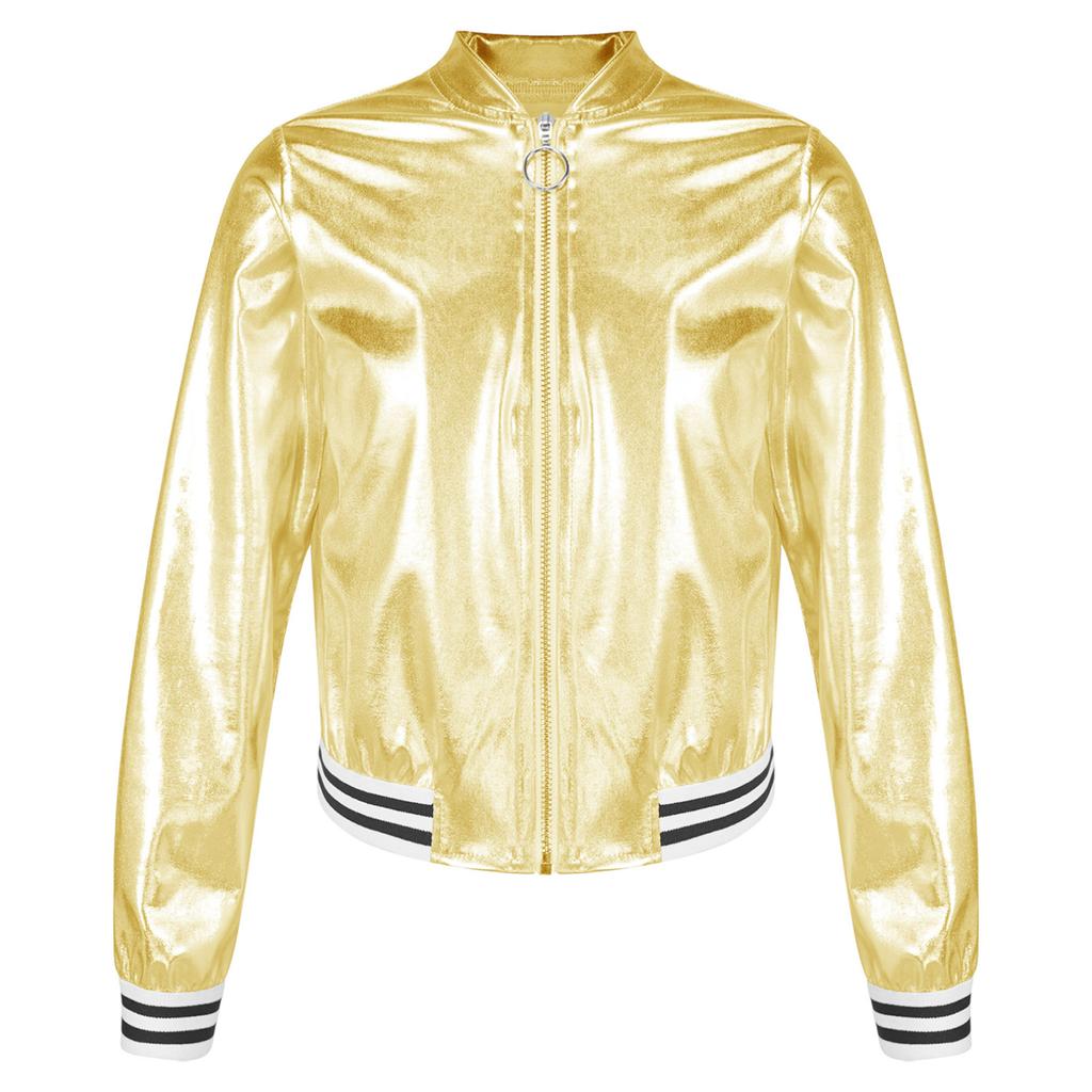 Детская блестящая бейсбольная куртка для девочек, блестящая куртка-бомбер с металлической молнией и длинными рукавами, пальто, верхняя одежда