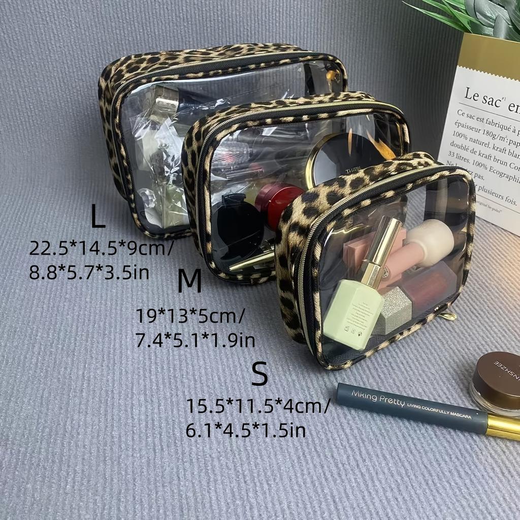 Leopard Print Transparent Cosmetic Bag Set Durable TPU Make-Up Pouches TSA Approved Travel Toiletry Cases Easy to Clean Unlined for Men & Women