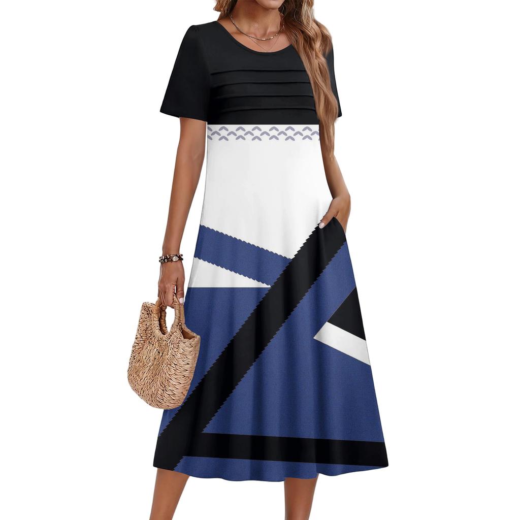 Женское повседневное и модное платье с цветочным принтом, короткими рукавами и круглым вырезом.