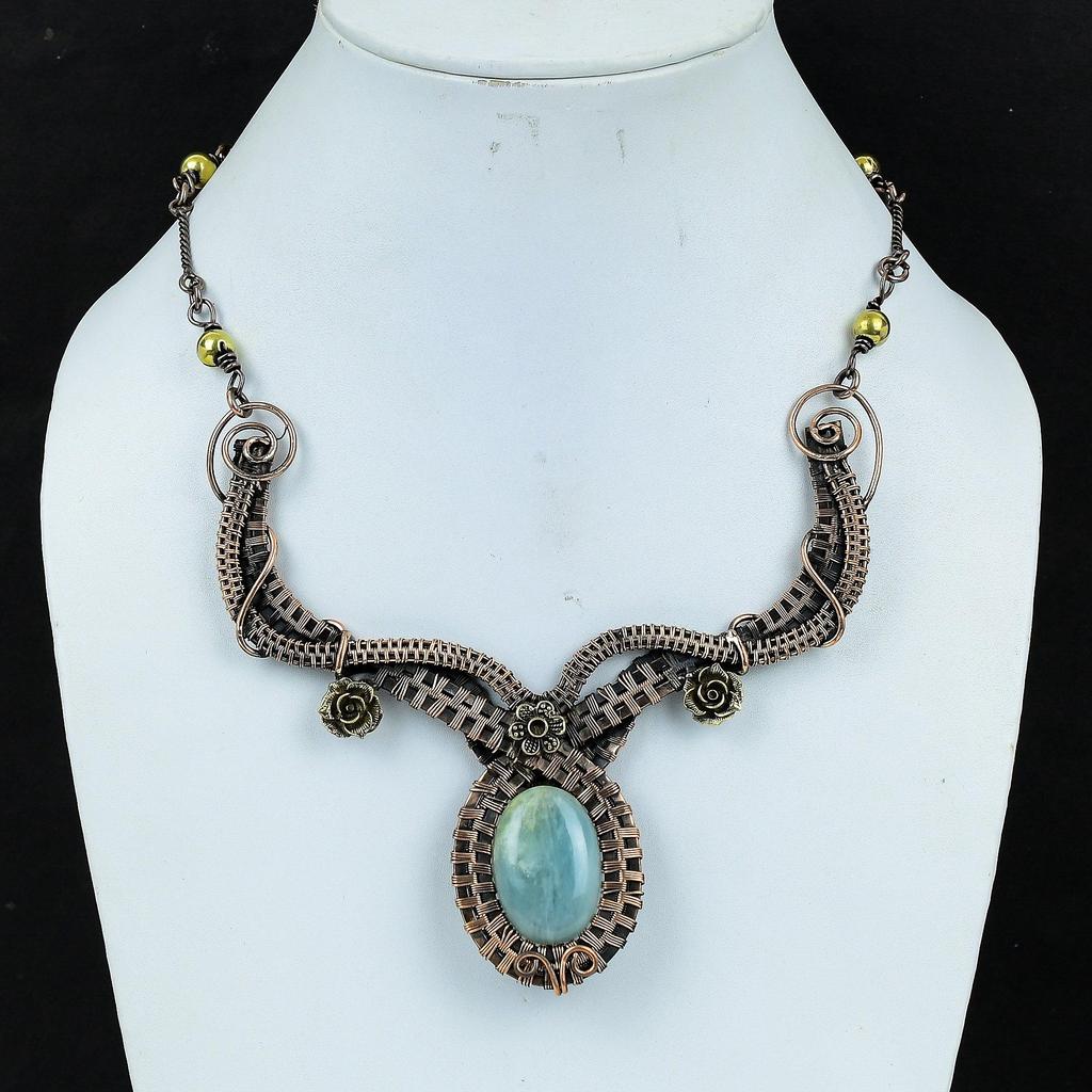 Ожерелье Аквамарин Ручная работа Ювелирные изделия, Ожерелье, обернутое медной проволокой 999 пробы, Дизайнерские ювелирные изделия с драгоценными камнями, Ожерелье с регулируемой цепочкой, Подарок для мамы