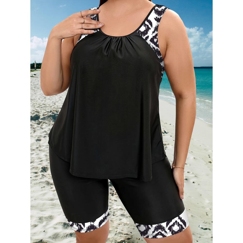 Комплект боди-танкини большого размера, женский купальник-топ с круглым вырезом и шортами, комплект из 2 предметов