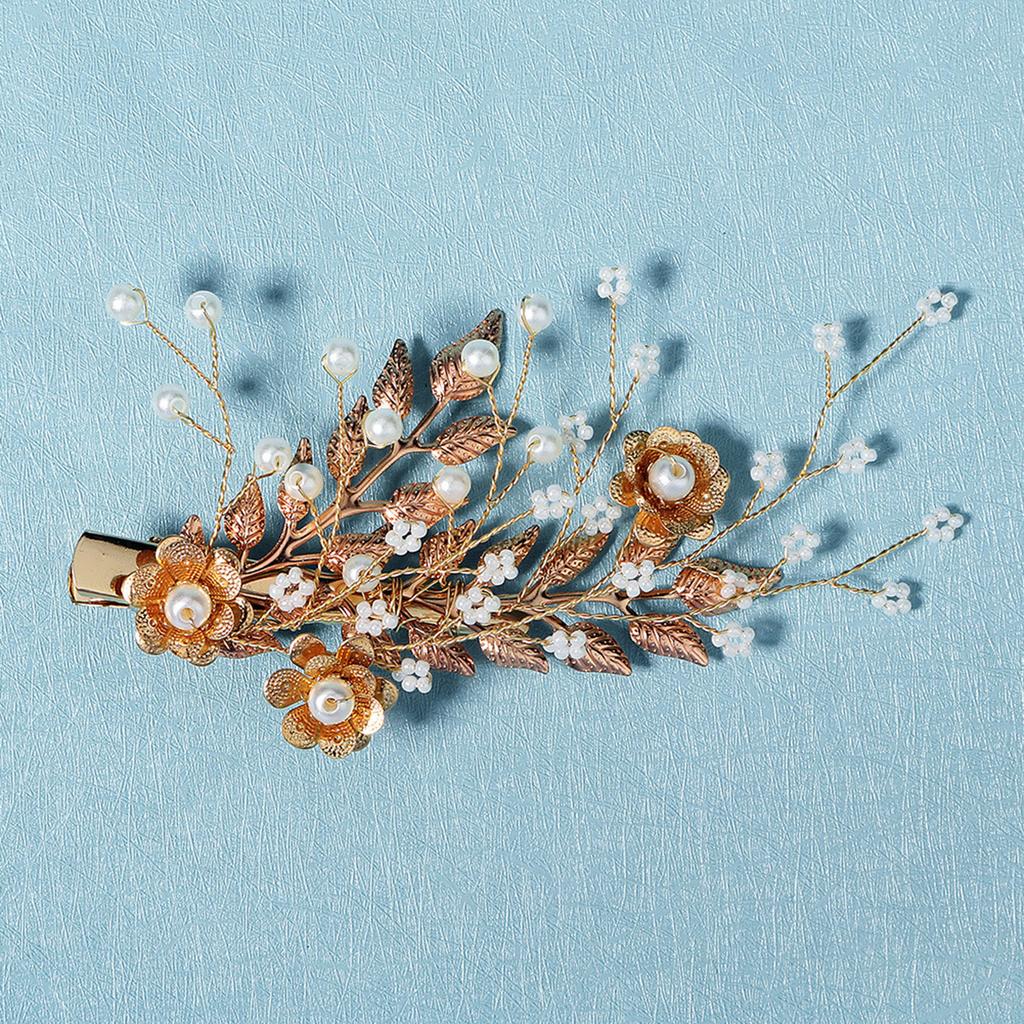 Wedding Barrettes Clip Headpiece Handmade Leaf Flower Hair Clips with Pearl Core for Thick Hair Styling Decoration