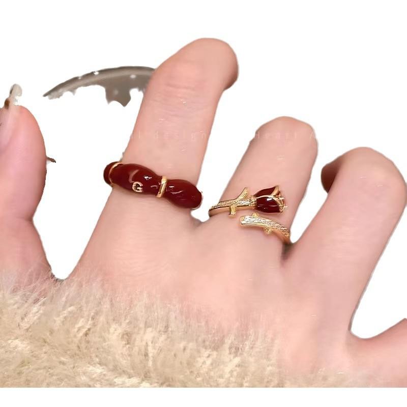 Кольцо бордового цвета с розовым цирконием для девочек 2024 года, новое белое кольцо на указательный палец, темпераментное многослойное регулируемое кольцо