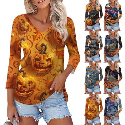 Рубашка для женщин, модная, повседневная, с V-образным вырезом, рукавом 3/4, свободная, с принтом на Хэллоуин, женская футболка, топ