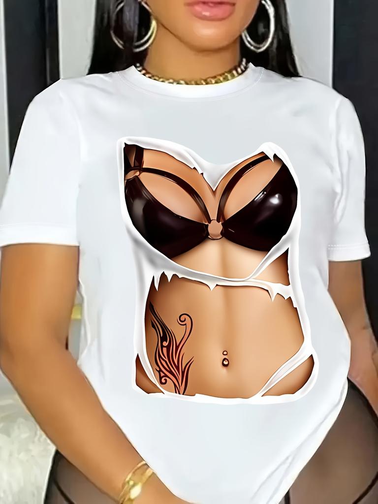 Сексуальные футболки с принтом тела, базовая футболка в стиле Харадзюку, высококачественная летняя женская рубашка с коротким рукавом и воротником, модная повседневная одежда