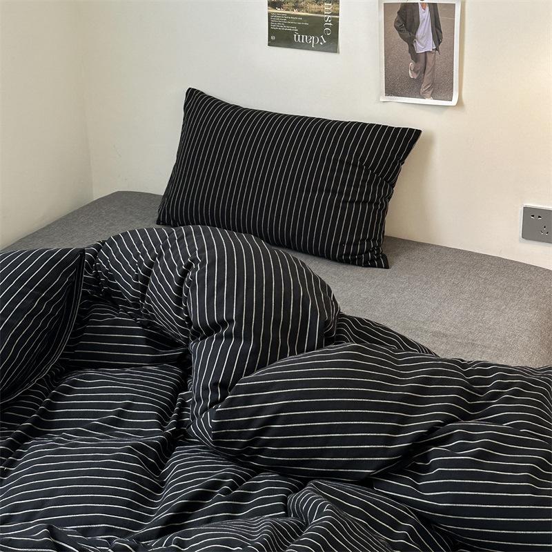 Retro striped four-piece set, cotton pure cotton 100 washed cotton bed sheet quilt cover, male student dormitory bed three-piece set 1