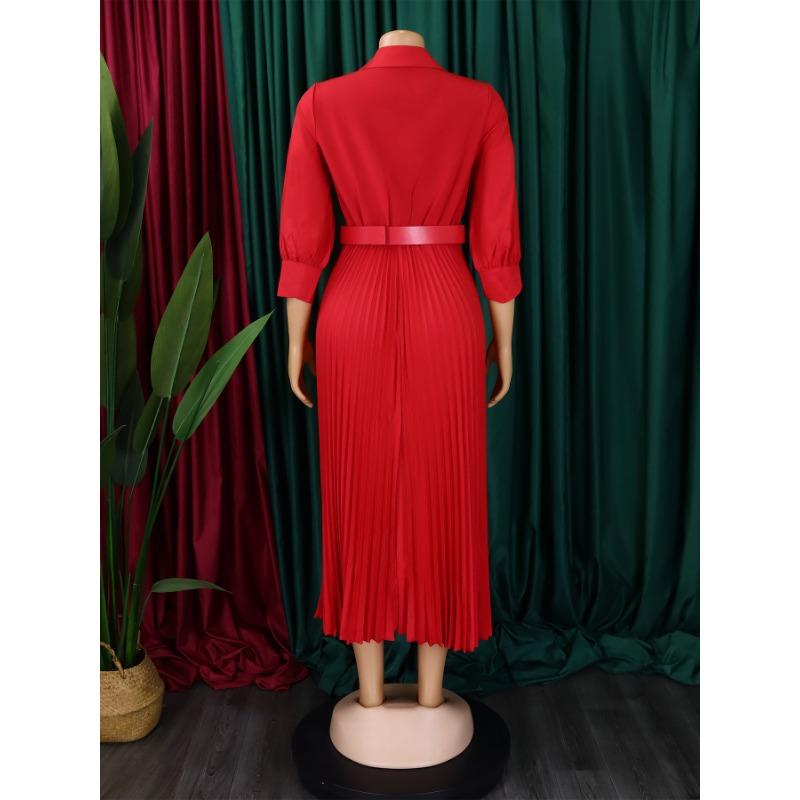 Women Elegant Solid Color Dress Tunic Dress Midi Dress with Belt Sexy V Neck Shirt Dress Plus Size