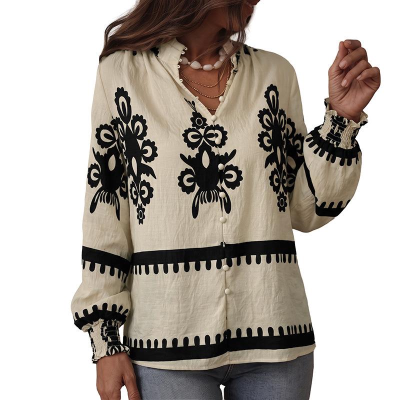 TEMU1116 autumn and winter new bohemian button-up collar retro flower print long-sleeved shirt women