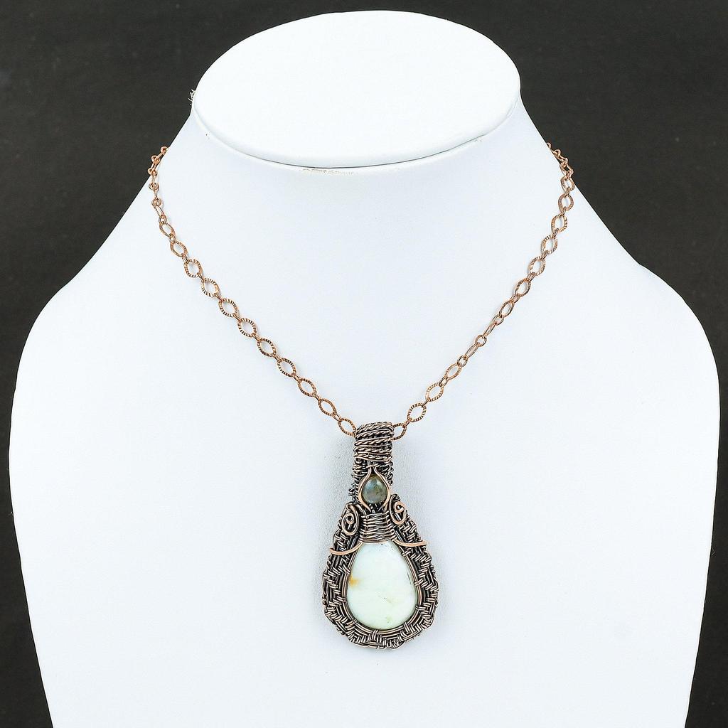 Кулон с лимонным хризопразом, медная проволока, кулон, ювелирные изделия ручной работы, подарок для мамы, уникальный дизайн, кулон из проволоки, ювелирные изделия из лабрадорита