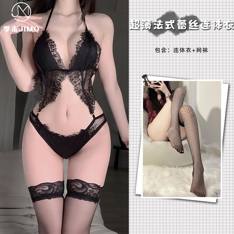 Erotic underwear confuses the heart, ultra-thin and empty lace jumpsuit bra set, hot temptation deep V