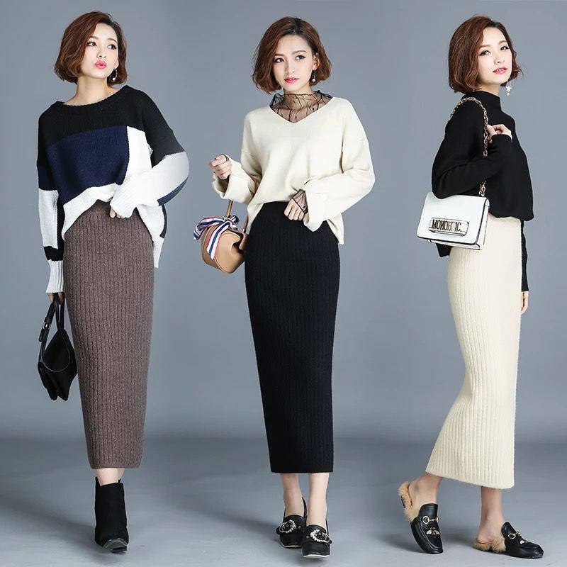 Женская трикотажная шерстяная юбка с высокой талией 2021 года: Осень/Зима, Плотный, Длинный, Приталенный, с разрезом