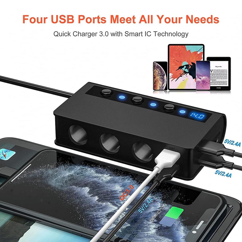 Автоматический разветвитель прикуривателя, автомобильное зарядное устройство QC 3.0 180 Вт, 12 В/24 В с 3 розетками, макс. 6,6 А, 4-портовая быстрая зарядка USB, независимые переключатели и дисплей напряжения