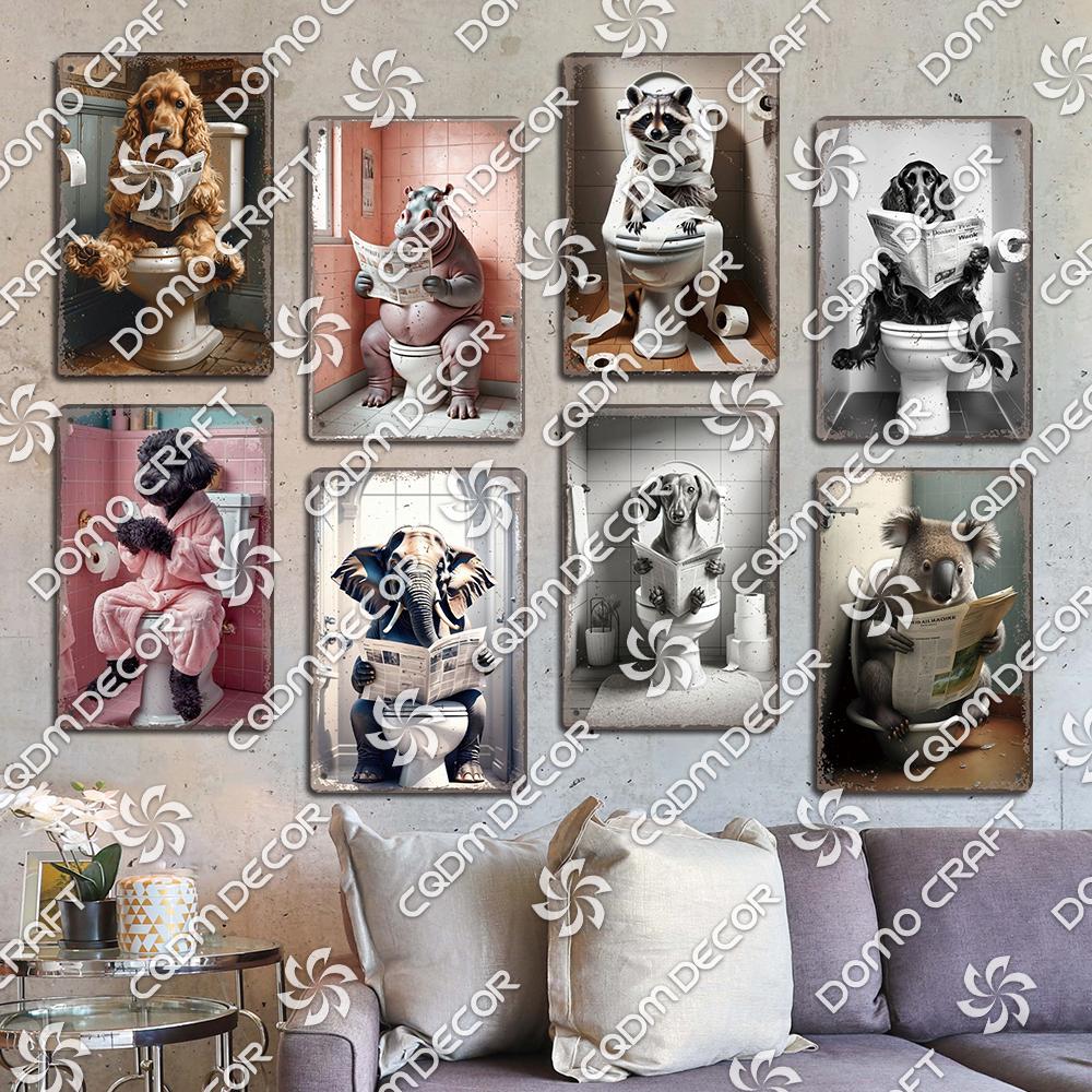 Забавная туалетная жестяная табличка Винтажный металлический постер Кролик Енот Кошка Собака Металлические таблички Ретро настенный декор для кафе ванной дома