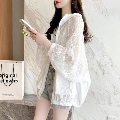 Женская летняя солнцезащитная одежда корейская кружевная ажурная тонкая свободная повседневная женская куртка с капюшоном