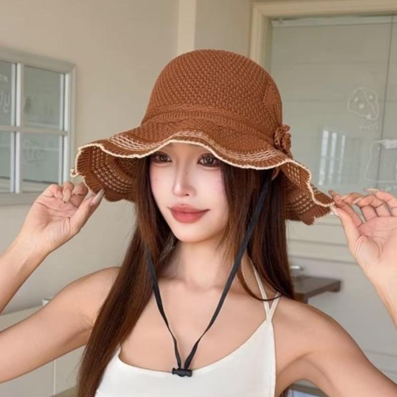 Spring and summer new women's small fresh rose sunshade bucket hat fashionable breathable sunscreen face cover knitted hat