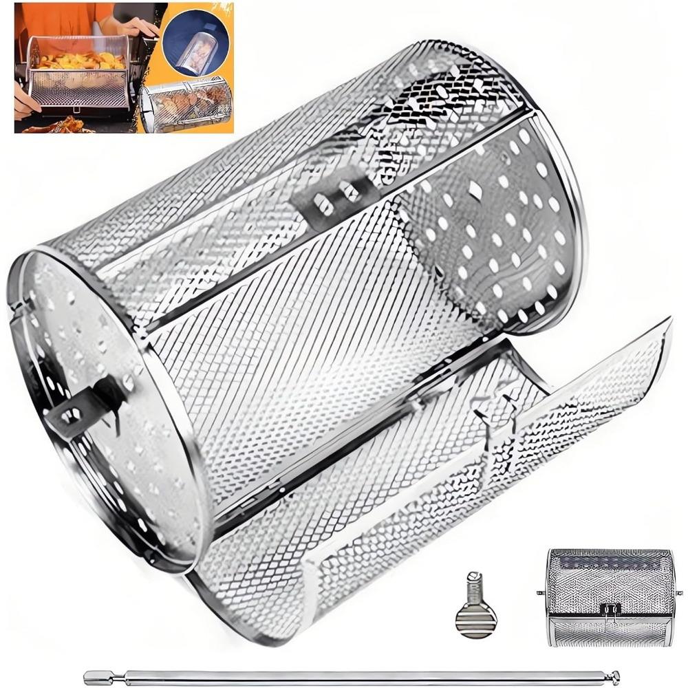 Stainless Steel Rotating Chicken Wing Basket with Automatic Rewind 360° Rotating BBQ Basket Outdoor BBQ Basket Set Gift