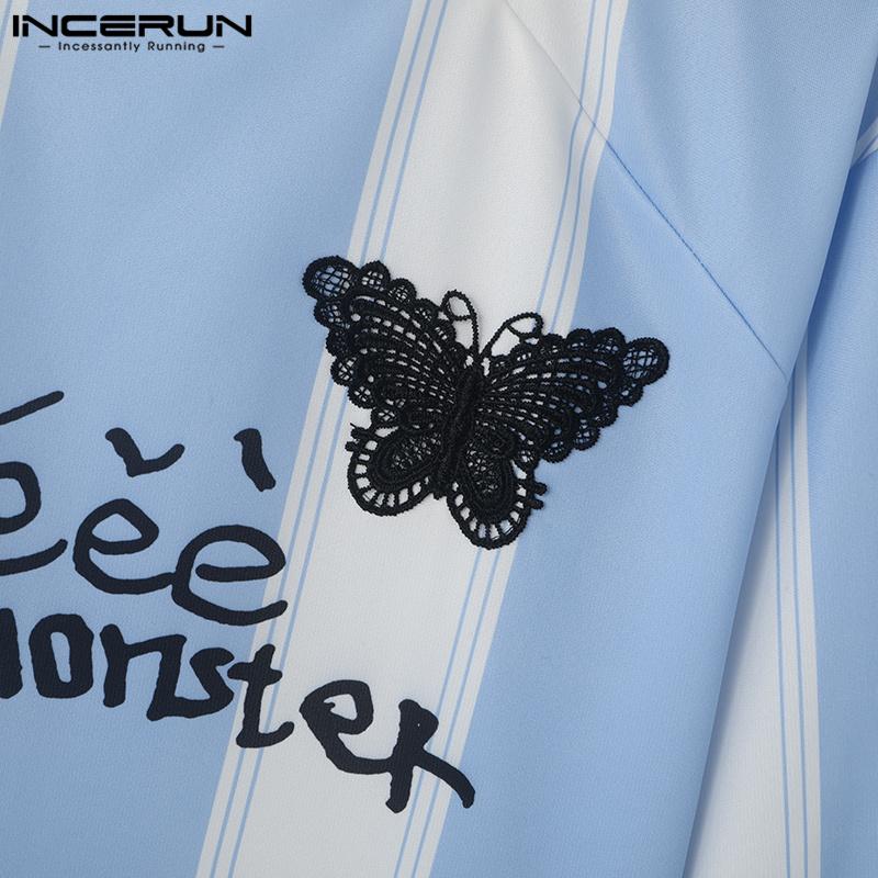 INCERUN Мужские футболки с круглым вырезом и длинным рукавом с буквенным принтом, повседневные полосатые топы