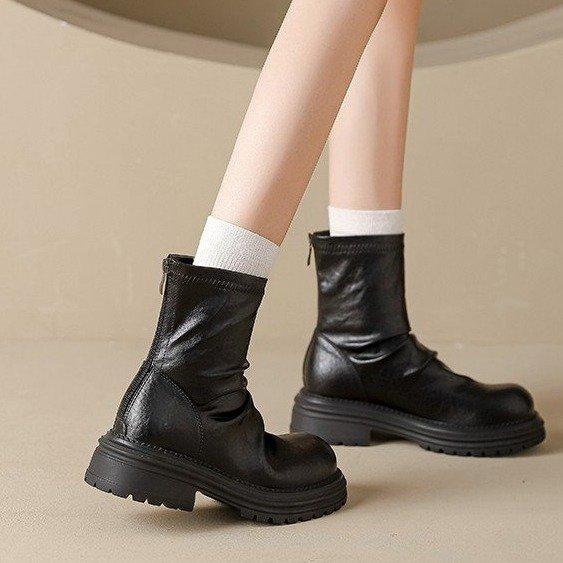 Folded Skinny Short Boots Women's 2025 Autumn and Winter New Coarse Heel Pile Boots Thick-soled British Casual Martin Boots Women