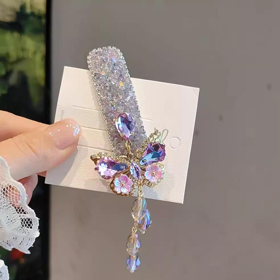 Blue Gem Healing Rhinestone Pearl Ethnic Tassel Hair Clip for Women