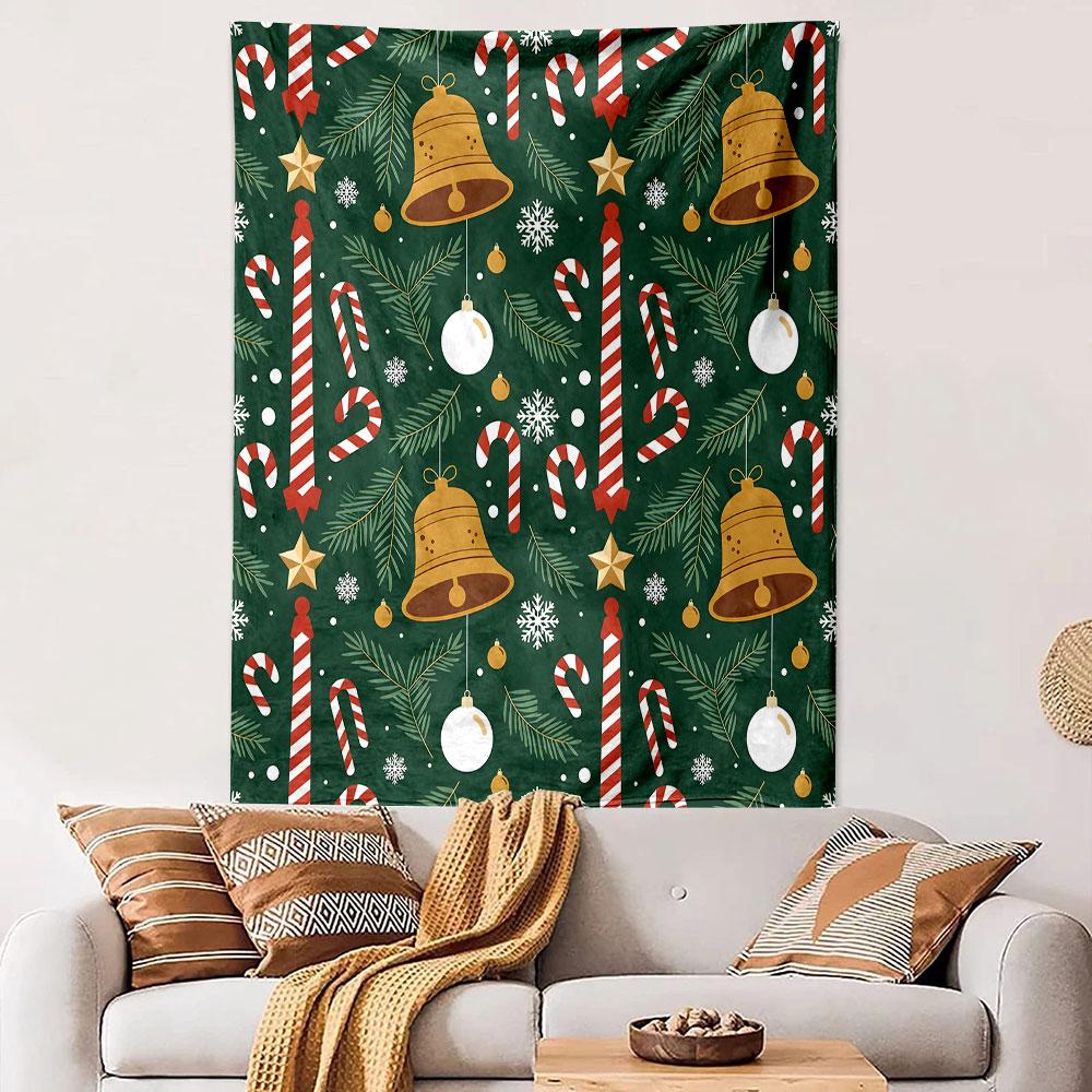 Christmas Candy Cane and Bell Pattern Patterned Tapestry Decorative Wall Hanging, Home Bedroom Living Room Decor
