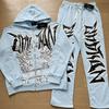 Oversized Hooded Zip-Up Sweatshirt With Letter Print Rhinestone Embellishment Cotton Blend Unisex Streetwear Set